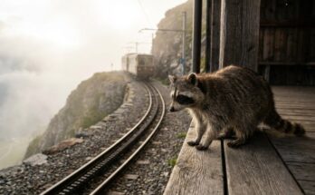 Waschbär am Bahnsteig einer Bergbahn über dem Nebeltal – nicht aufhören nach den ersten Auftritten