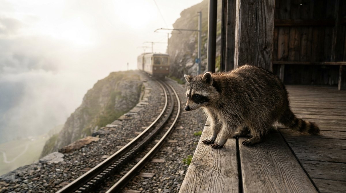 Waschbär am Bahnsteig einer Bergbahn über dem Nebeltal – nicht aufhören nach den ersten Auftritten