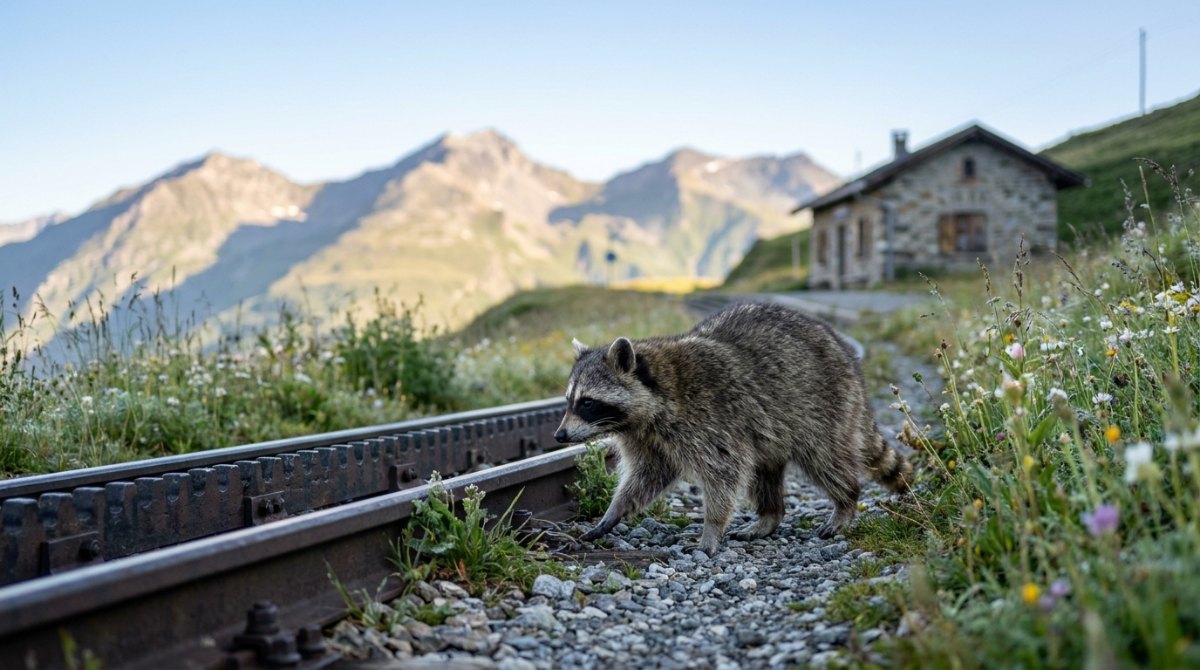 Waschbär wandert an einer Zahnradbahn bergauf – dranbleiben statt aufhören nach den ersten Auftritten