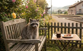 Auftritt Altenheim: Waschbär auf einer Gartenbank neben Kaffee und Pflaumenkuchen, dahinter ein kleiner Bahnhof