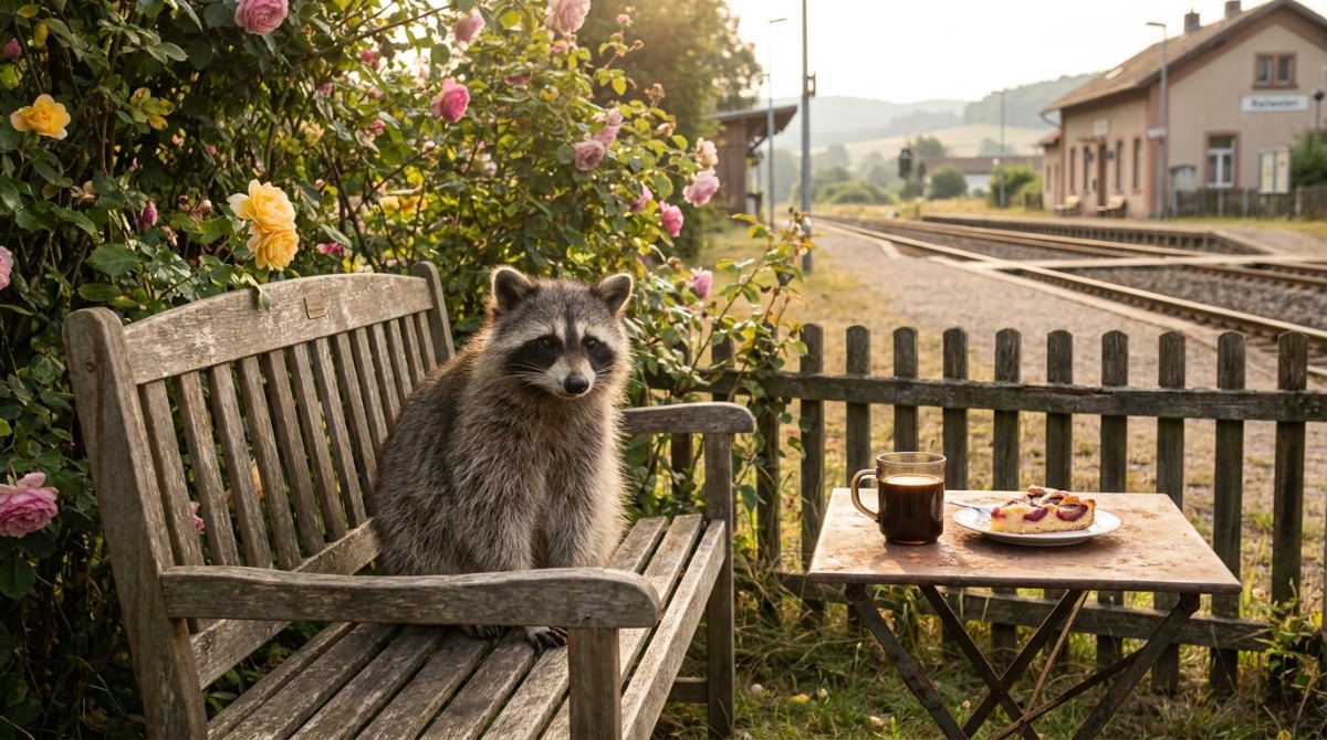 Auftritt Altenheim: Waschbär auf einer Gartenbank neben Kaffee und Pflaumenkuchen, dahinter ein kleiner Bahnhof