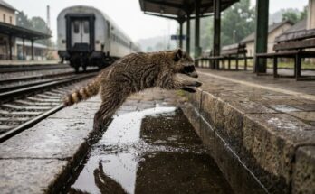 Auftritt analysieren: ein Waschbär springt auf dem nassen Bahnsteig über eine Pfütze, die Tropfen wie in Zeitlupe eingefroren