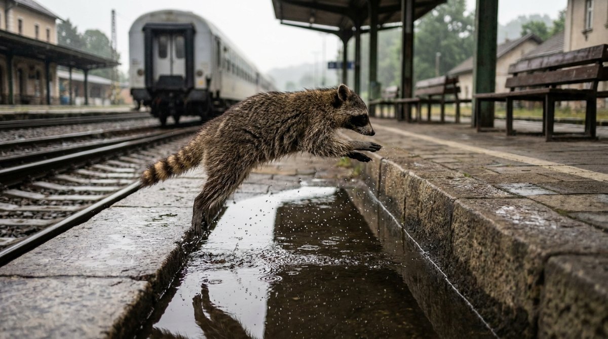 Auftritt analysieren: ein Waschbär springt auf dem nassen Bahnsteig über eine Pfütze, die Tropfen wie in Zeitlupe eingefroren