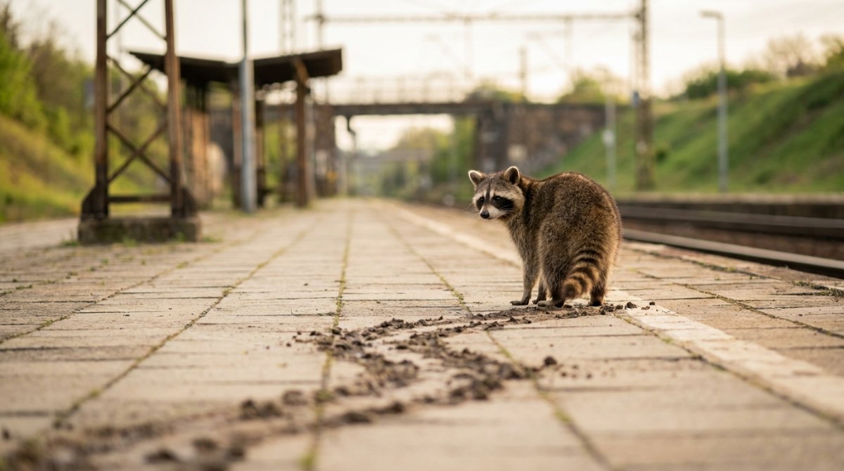 Ein Waschbär blickt auf einem leeren Bahnsteig über die Schulter zurück auf seine Schmutzspur