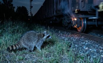 Waschbär beobachtet nachts einen Güterzug mit heiß glühendem Achslager – wenn der Auftritt schlecht läuft, meldet er sich vorher