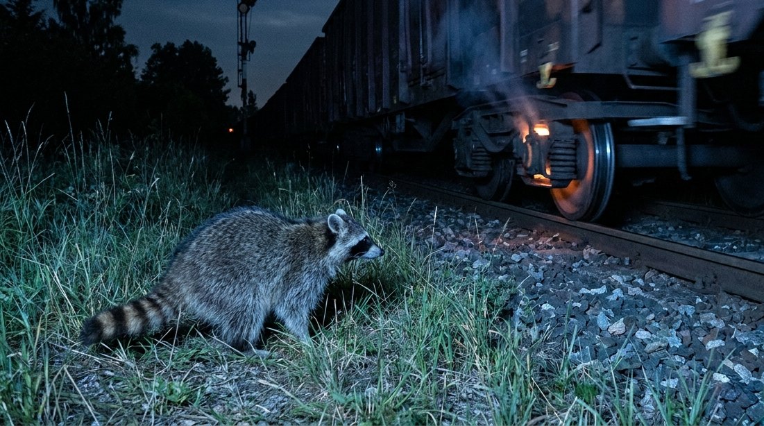 Waschbär beobachtet nachts einen Güterzug mit heiß glühendem Achslager – wenn der Auftritt schlecht läuft, meldet er sich vorher