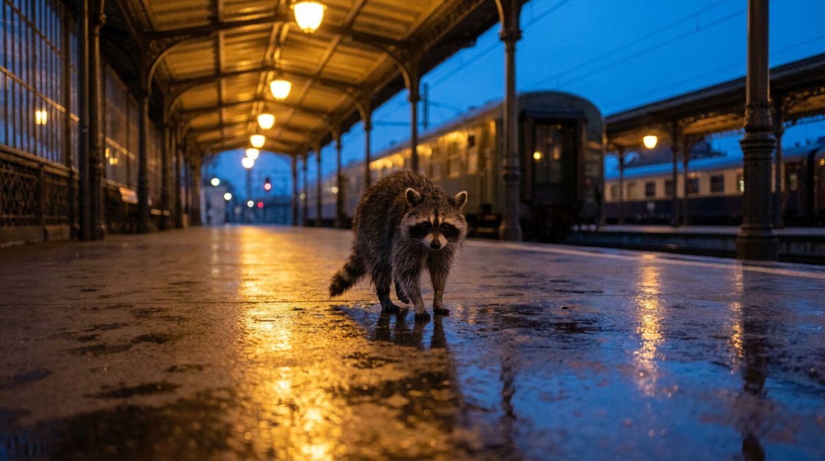Waschbär geht auf einem nassen Bahnsteig ruhig auf die Kamera zu – zwei Schritte nach vorn, wenn der Auftritt schlecht läuft
