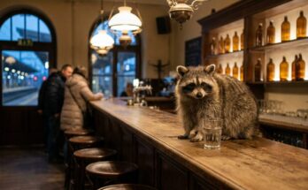 Waschbär auf dem Tresen einer alten Bahnhofsbar neben einem Glas Wasser – was deinen Auftritt ruinieren kann, trinkst du oft vorher