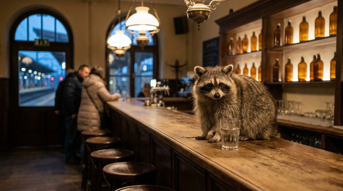 Waschbär auf dem Tresen einer alten Bahnhofsbar neben einem Glas Wasser – was deinen Auftritt ruinieren kann, trinkst du oft vorher