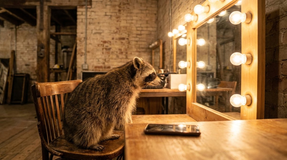 Waschbär sitzt in einer Garderobe vor einem Schminkspiegel mit Glühbirnen, das Handy liegt umgedreht auf dem Tisch – so kann nichts den Auftritt ruinieren
