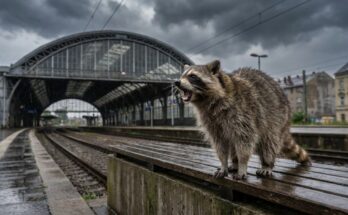 Ausdrucksstark sprechen: Waschbär ruft laut auf dem Bahnsteig unter Gewitterwolken