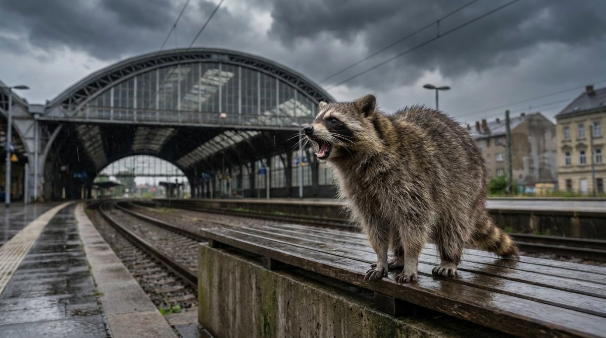 Ausdrucksstark sprechen: Waschbär ruft laut auf dem Bahnsteig unter Gewitterwolken