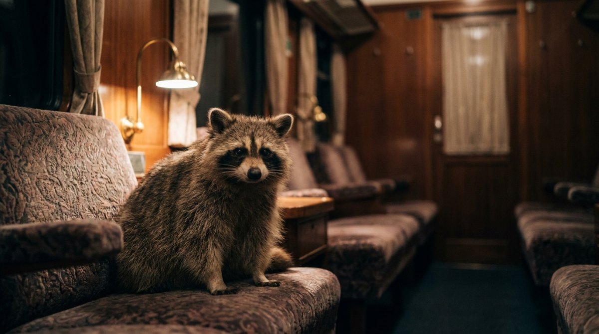 Ausdrucksstark sprechen: Waschbär sitzt still im gedämpften Licht eines Nachtzugabteils