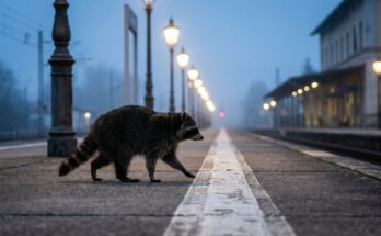 Waschbär läuft einen Bahnsteig entlang, vorbei an einer Reihe von Lampen – Text auswendig lernen wie eine Route