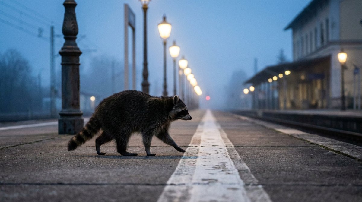 Waschbär läuft einen Bahnsteig entlang, vorbei an einer Reihe von Lampen – Text auswendig lernen wie eine Route