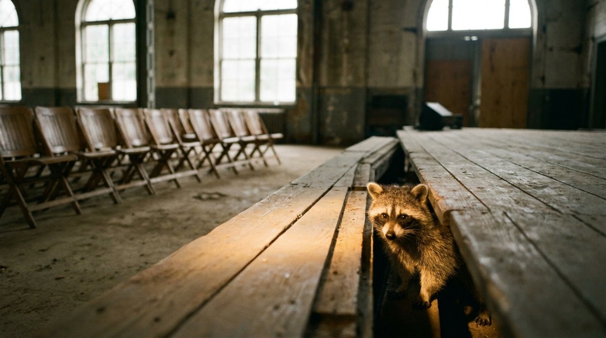 Waschbär schaut aus einer Ritze unter einer Holzbühne in einer alten Bahnhofshalle – auswendig lernen für den Poetry Slam