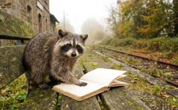 Waschbär mit leerem Notizbuch auf einer alten Bahnsteigbank – authentisch schreiben