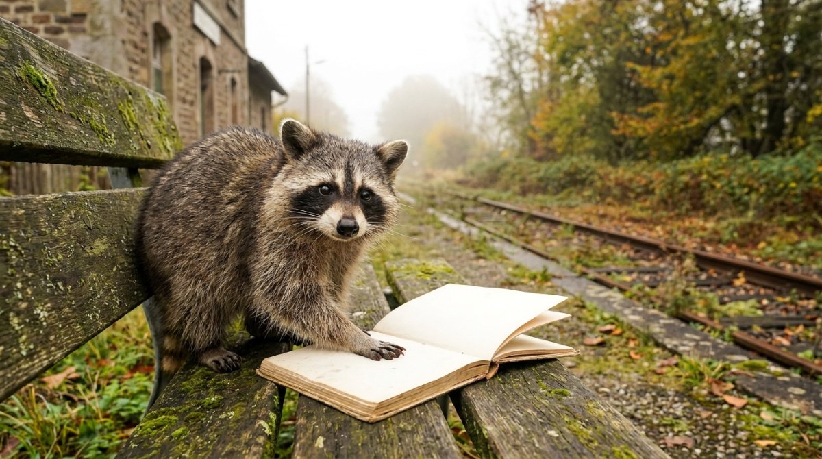 Waschbär mit leerem Notizbuch auf einer alten Bahnsteigbank – authentisch schreiben