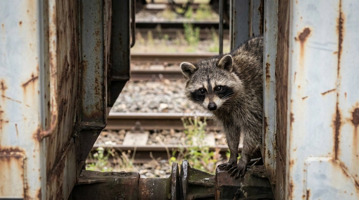 Waschbär schaut zwischen rostigen Güterwagen hervor – authentisch schreiben ohne Pose