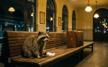 Waschbär auf einer Holzbank im nächtlichen Wartesaal neben einem gefalteten Zettel – Bahnhof-Geschichten schreiben