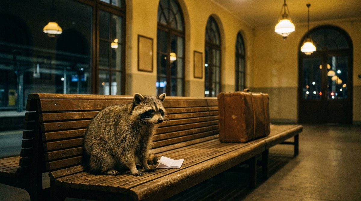 Waschbär auf einer Holzbank im nächtlichen Wartesaal neben einem gefalteten Zettel – Bahnhof-Geschichten schreiben