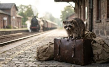 Waschbär sitzt auf einem vollgepackten alten Koffer am Bahnsteig – Ballast im Text ist Gepäck, das nie geöffnet wird