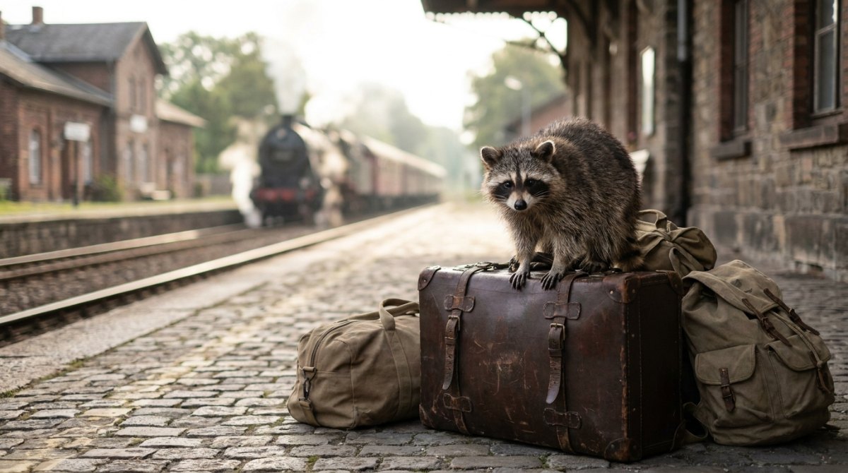 Waschbär sitzt auf einem vollgepackten alten Koffer am Bahnsteig – Ballast im Text ist Gepäck, das nie geöffnet wird