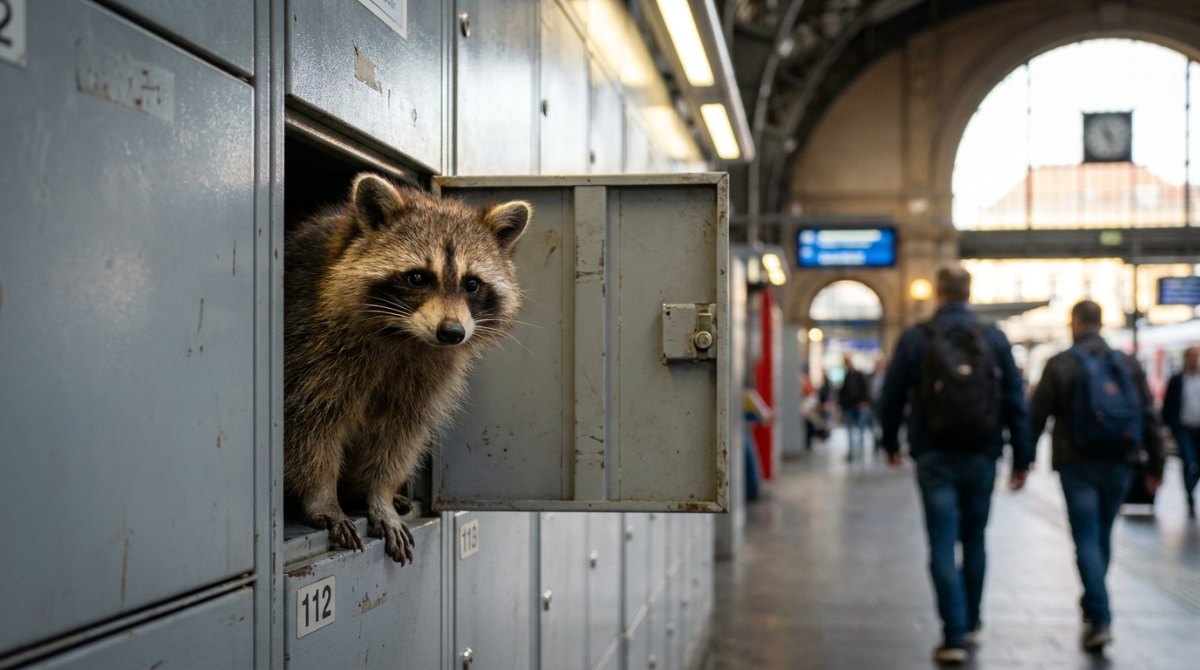 Waschbär schaut aus einem offenen Schließfach in der Bahnhofshalle – Ballast im Text aussortieren