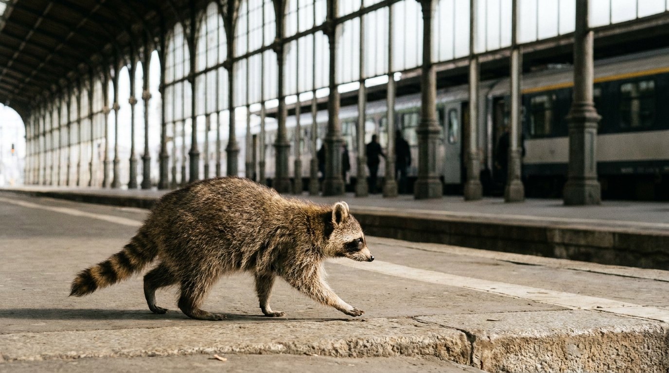 Waschbär läuft im Takt an einer langen Säulenreihe entlang