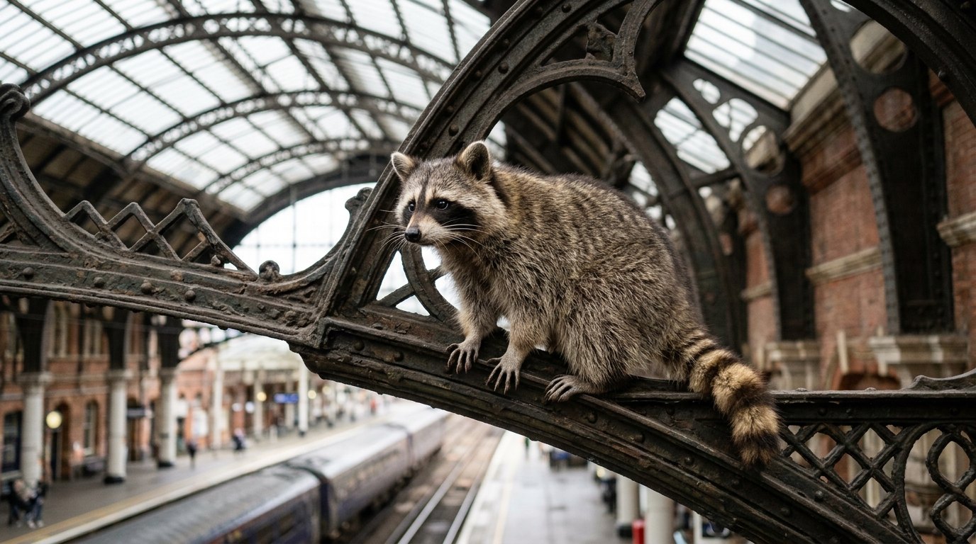 Waschbär auf dem alten Eisengebälk einer historischen Bahnhofshalle