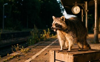 Poetry Slam Betonung: ein Waschbär steht auf einer Holzkiste am Bahnsteig im warmen Abendlicht