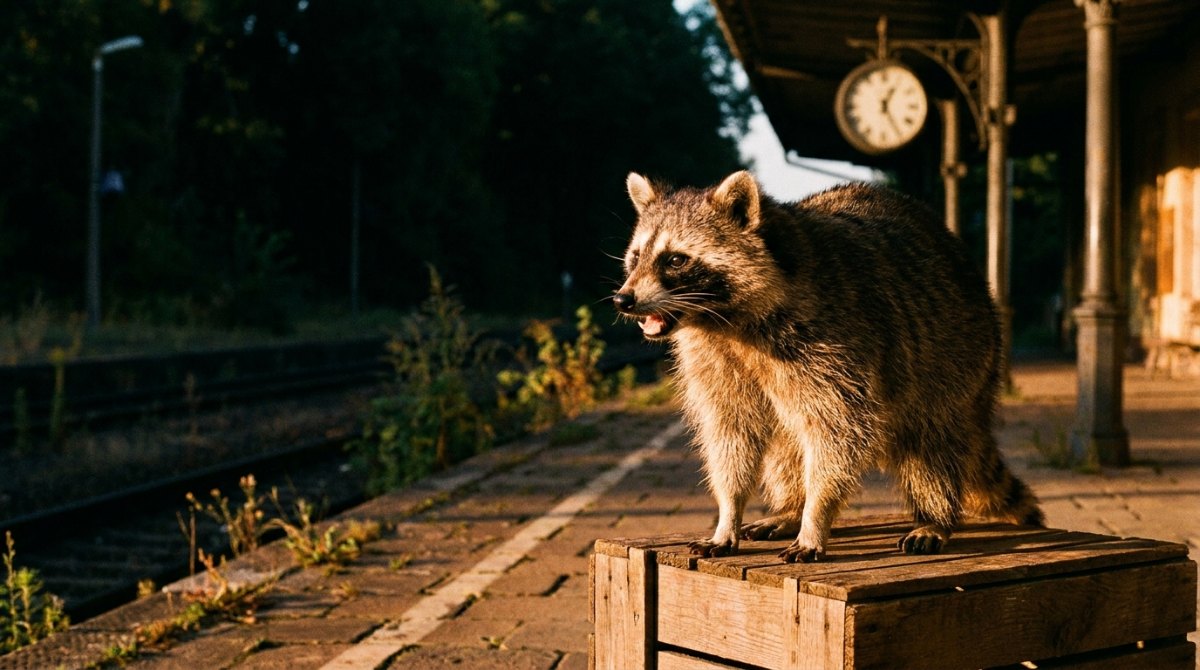 Poetry Slam Betonung: ein Waschbär steht auf einer Holzkiste am Bahnsteig im warmen Abendlicht