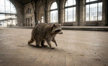 Bewegung auf der Bühne: Waschbär hält mitten im Schritt auf dem staubigen Parkett einer alten Bahnhofshalle inne, hinter ihm seine Pfotenspuren