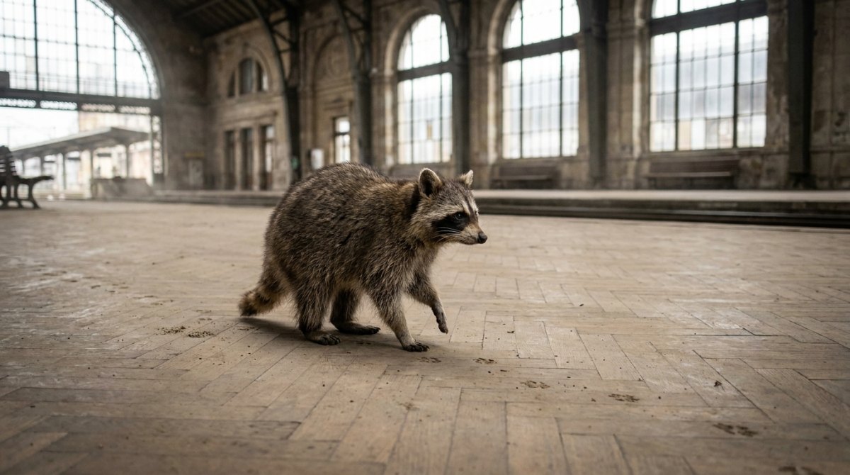 Bewegung auf der Bühne: Waschbär hält mitten im Schritt auf dem staubigen Parkett einer alten Bahnhofshalle inne, hinter ihm seine Pfotenspuren