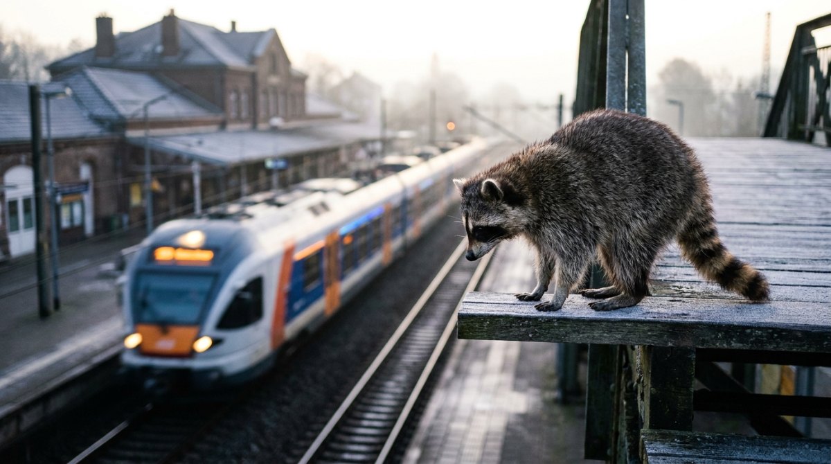 Bewegung auf der Bühne heißt auch Stillstand: Waschbär steht ruhig auf einer Fußgängerbrücke, unter ihm fährt ein Zug vorbei