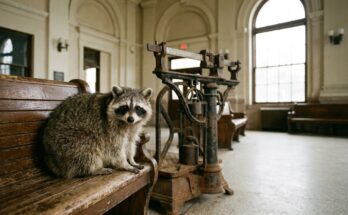 Wie ein Poetry Slam bewertet wird: ein Waschbär sitzt neben einer alten Gepäckwaage in der Bahnhofshalle