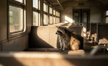 Binnenreim und Assonanz: ein Waschbär sitzt in einem leeren Waggon, die Fensterreihe wirft ein gleichmäßiges Lichtmuster