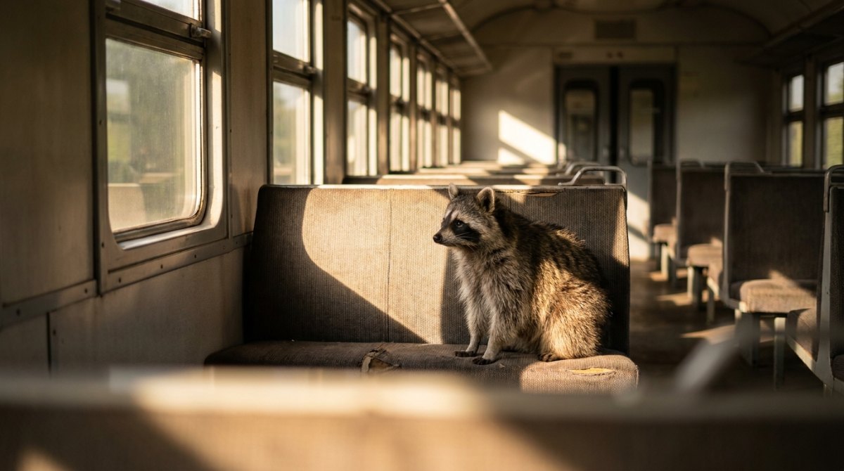 Binnenreim und Assonanz: ein Waschbär sitzt in einem leeren Waggon, die Fensterreihe wirft ein gleichmäßiges Lichtmuster