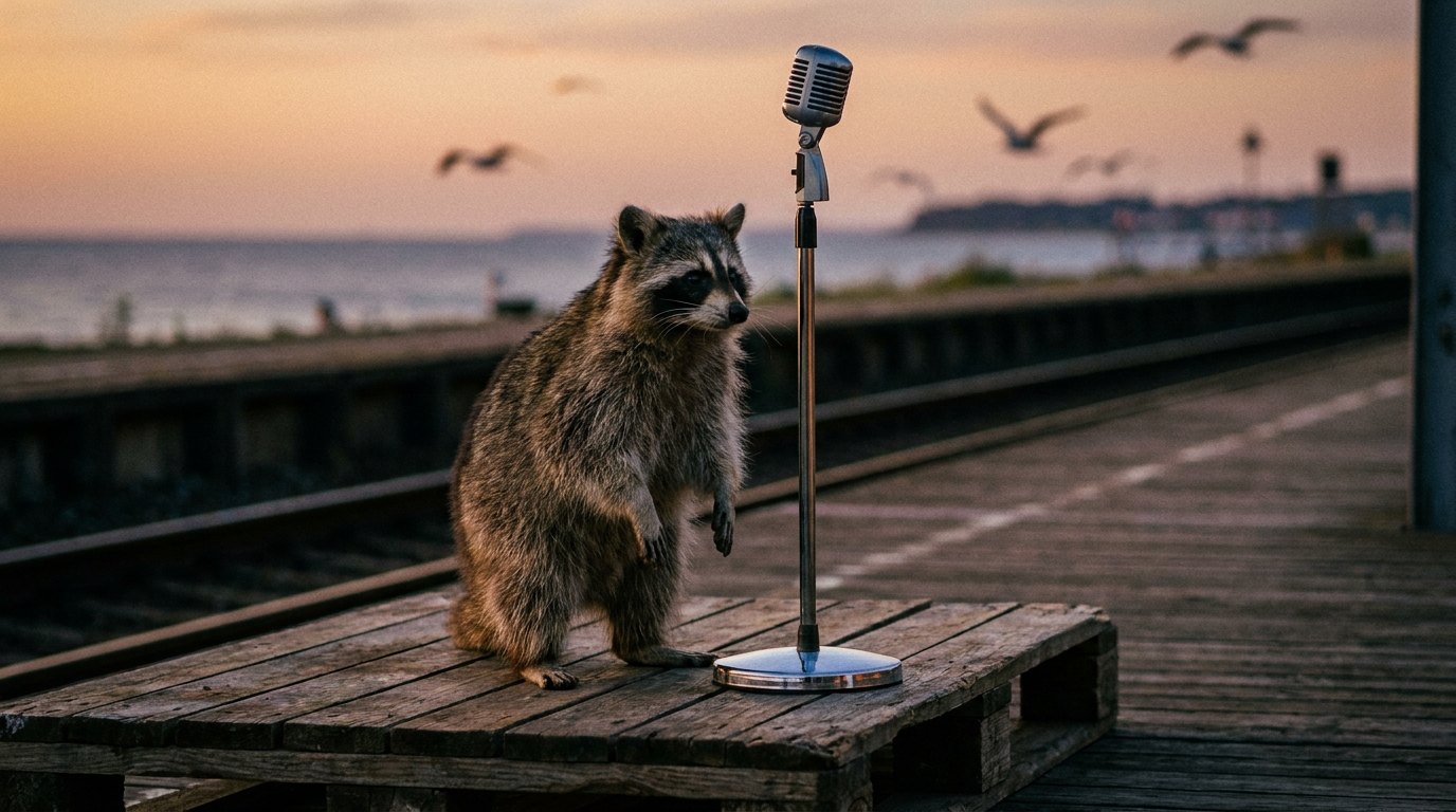 Ein Waschbär steht am Mikrofon auf einer kleinen Bühne an einem Küstenbahnhof im Norden