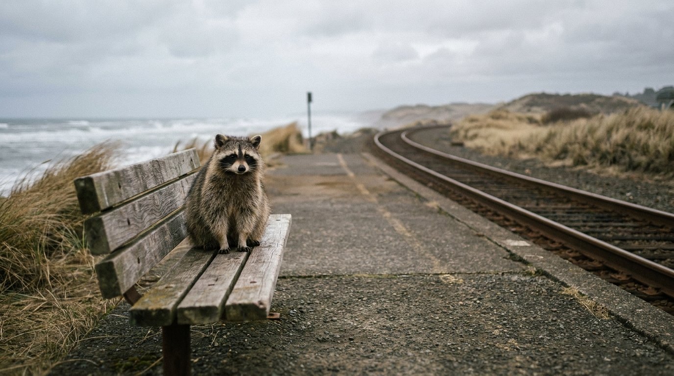 Ein Waschbär sitzt auf einer Holzbank an einem windigen Bahnsteig an der Ostsee