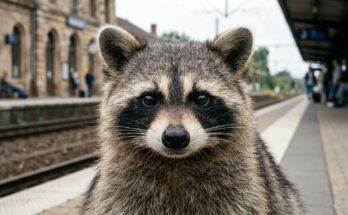 Poetry Slam Blickkontakt: ein Waschbär schaut direkt und ruhig in die Kamera