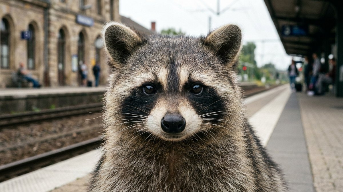 Poetry Slam Blickkontakt: ein Waschbär schaut direkt und ruhig in die Kamera