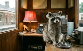 Gegen Bodyshaming schreiben: Ein Waschbär neben einem Studiomikrofon in einem kleinen Studio im Bahnhof
