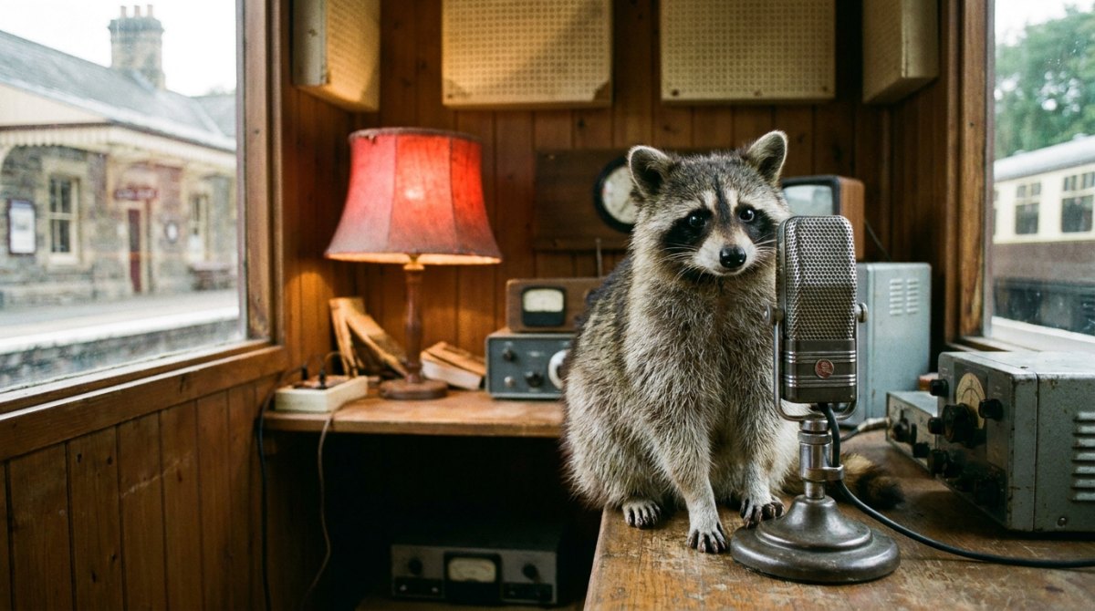 Gegen Bodyshaming schreiben: Ein Waschbär neben einem Studiomikrofon in einem kleinen Studio im Bahnhof