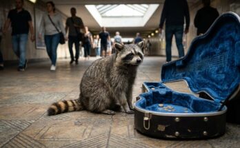 Bühne leben: Waschbär neben einem offenen Gitarrenkoffer mit Münzen in der Bahnhofsunterführung