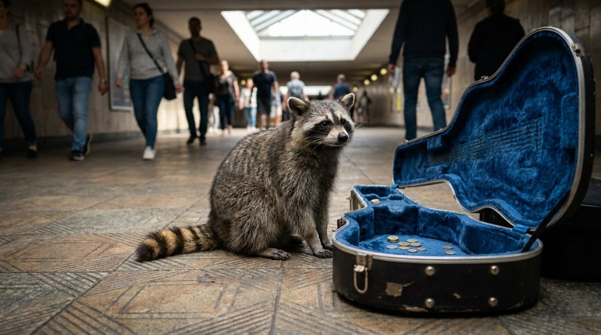 Bühne leben: Waschbär neben einem offenen Gitarrenkoffer mit Münzen in der Bahnhofsunterführung