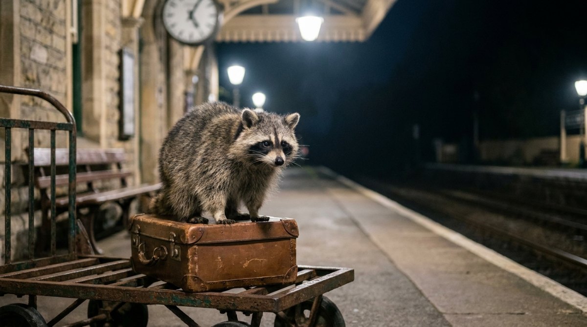 Bühne leben: Waschbär auf einem alten Koffer auf dem Gepäckkarren am nächtlichen Bahnsteig