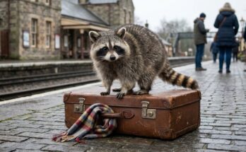Bühnenoutfit: Waschbär auf einem alten Koffer mit Schal am Bahnsteig