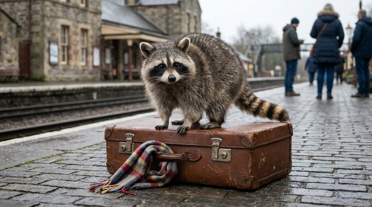 Bühnenoutfit: Waschbär auf einem alten Koffer mit Schal am Bahnsteig