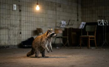 Bühnenpräsenz Übungen: Waschbär steht aufrecht im Probenraum unter einem Bewegungsmelder